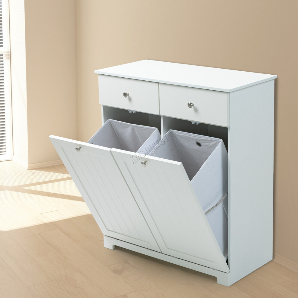 (White) WestWood Modern Bathroom Tilt-Out Laundry Cabinet With 2 Laundry Basket Drawers