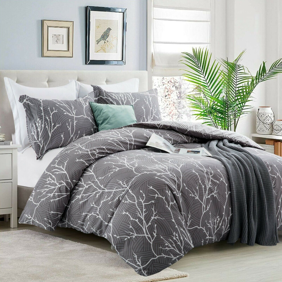 (King: 230 X 220 cm, Grey Branches) Hotel Quality Printed 4-Piece Duvet Cover Reversible Bedding Set