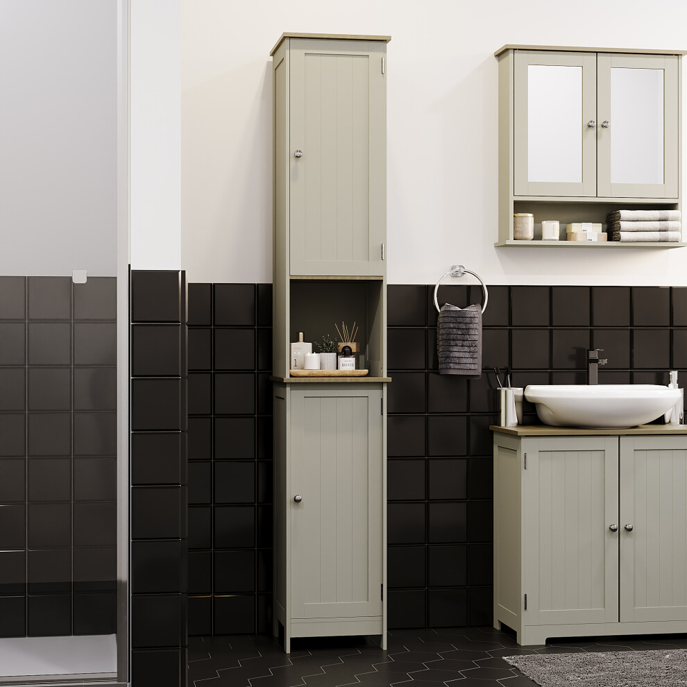 (Grey & Oak) Priano 2 Door Tall Cabinet Bathroom Storage Unit