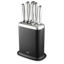 Good Food 5-Piece Knife Set with Block GF851062 - 8 inch Chef, Carving, Bread, 5 inch Utility, 3.5 inch Paring, Black & Stainless