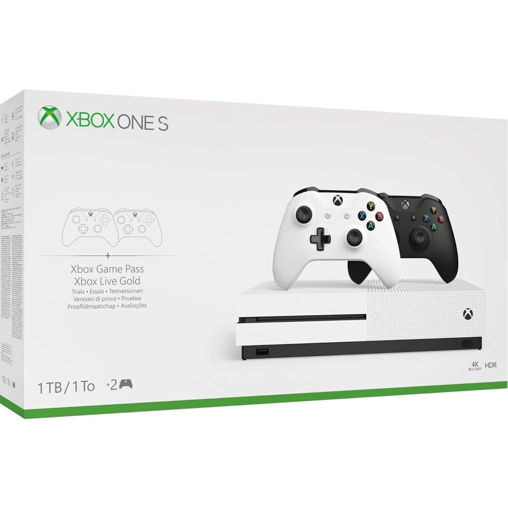 Xbox One S 4K 1TB Console with Two Wireless Controllers  Disc