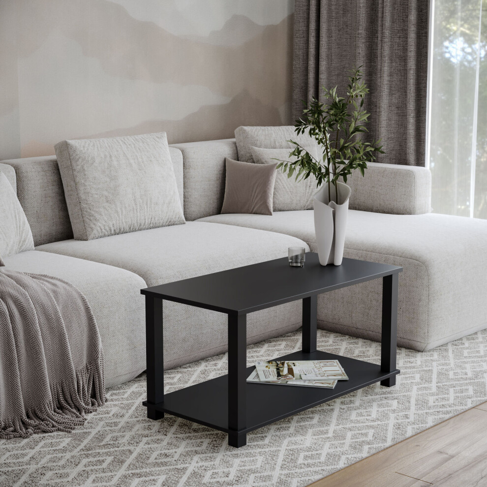 (Black) 83cm 2 Tier Coffee Table Side Table With Shelf TV Stand Minimalist Style