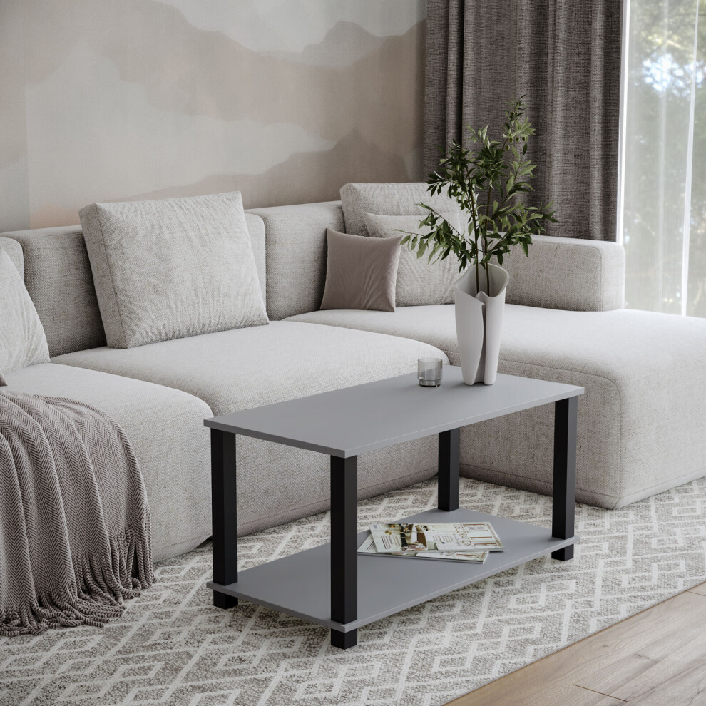 (Grey with Black Legs) 83cm 2 Tier Coffee Table Side Table With Shelf TV Stand Minimalist Style