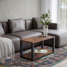 (Rustic Brown with Black Legs) 83cm 2 Tier Coffee Table Side Table With Shelf TV Stand Minimalist Style