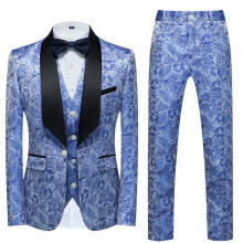 (blue, 3XL) Men's Suits 3 Piece Regular Fit Skinny Paisley Jacquard Tuxedo Suit for Wedding