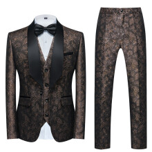 (coffee, L) Men's Suits 3 Piece Regular Fit Skinny Paisley Jacquard Tuxedo Suit for Wedding