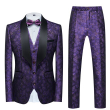 (purple, 4XL) Men's Suits 3 Piece Regular Fit Skinny Paisley Jacquard Tuxedo Suit for Wedding