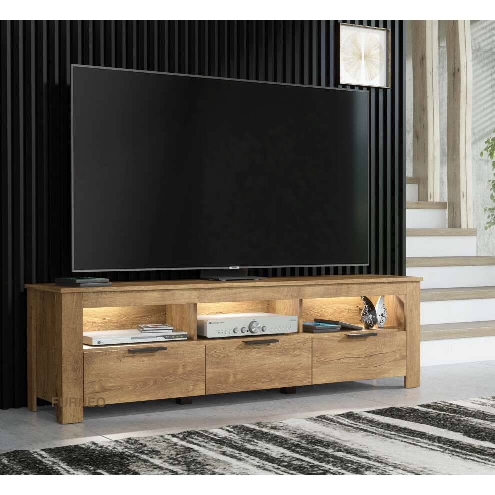 Furneo TV Stand Dark Oak Effect 170cm Unit Cabinet White LED Lights Prestigio 02