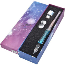 Handmade Glass Dip Pen Ink Set, Crystal Sparkling Signature Drawing Calligraphy Writing Pen with Bottle Ink and Pen Holder - Gradient Light Blue