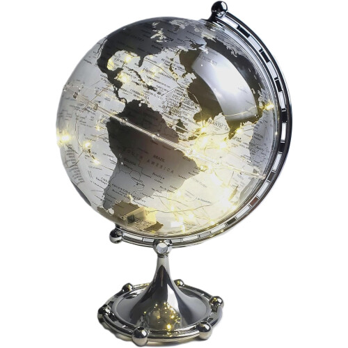 Silver Globe Desk Lamp, 3 meter String Lights, Globe Diam. 20 cm, Warm White Light