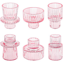 Candlestick Holder for Wedding Christmas Tea Party, Boho Ribbed Vintage Crystal Glass Table Centerpiece Decor, Bulk Set of 6 (Pink)