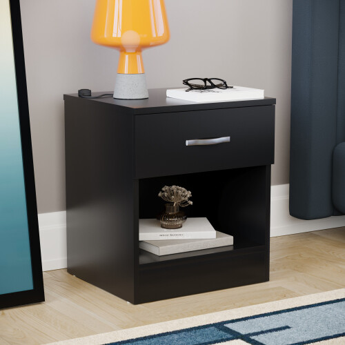 Home Discount (Black) Riano 1 Drawer 1 Shelf Bedside Chest Nightstand