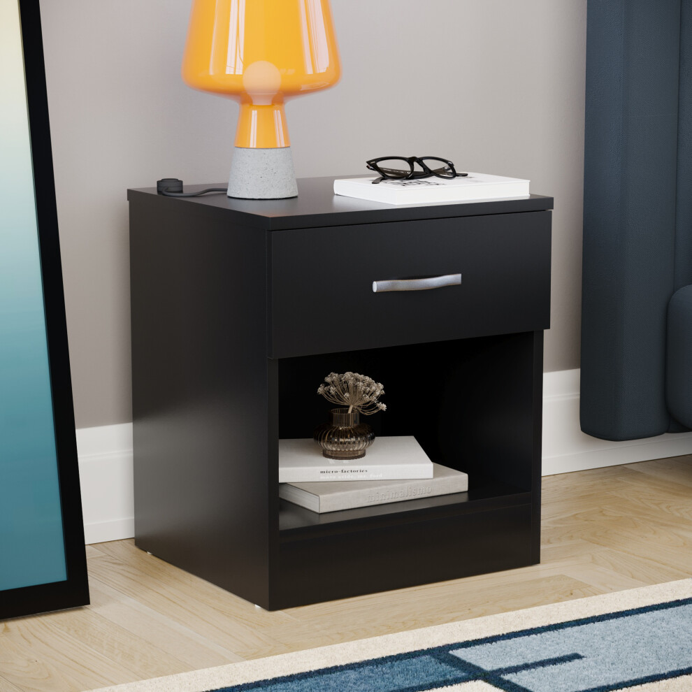 Home Discount (Black) Riano 1 Drawer 1 Shelf Bedside Chest Nightstand Black