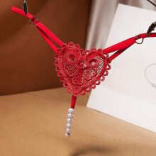 (Red) New Pearls Love Embellishment Thong Embroidery Panries Women's Sexy Ultra-thin G-string Low-waist Beaded Temptation Underwear