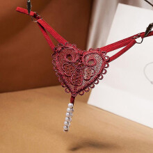 (Dark red) New Pearls Love Embellishment Thong Embroidery Panries Women's Sexy Ultra-thin G-string Low-waist Beaded Temptation Underwear
