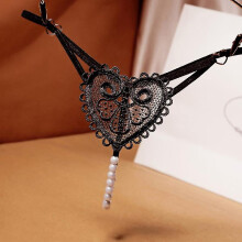(Black) New Pearls Love Embellishment Thong Embroidery Panries Women's Sexy Ultra-thin G-string Low-waist Beaded Temptation Underwear