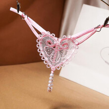 (Pink) New Pearls Love Embellishment Thong Embroidery Panries Women's Sexy Ultra-thin G-string Low-waist Beaded Temptation Underwear