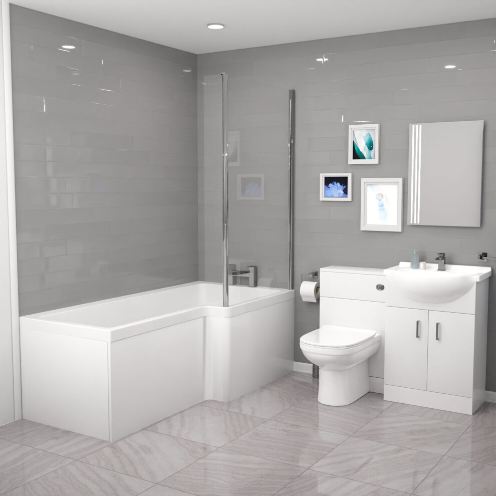 Cann L-Shaped RH Shower Bath, White Basin Vanity Unit with WC & BTW Toilet