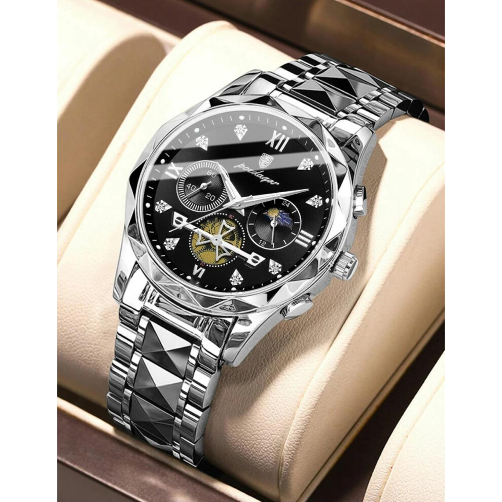 (Silver) Men's Quartz Chronograph Watch | Waterproof, Luminous, Stainless Steel Strap | Fashion Wristwatch for Business & Parties | Gift Box Included