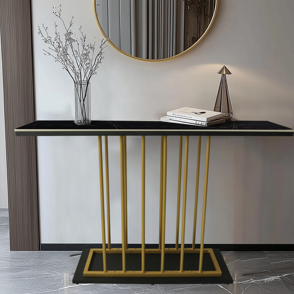 Hygrad (Black/Gold) Large Rectangular Free Standing Sintered Stone With Metal Frame Console Sofa End Table Hallway Furniture Home 120Cm Wide Black