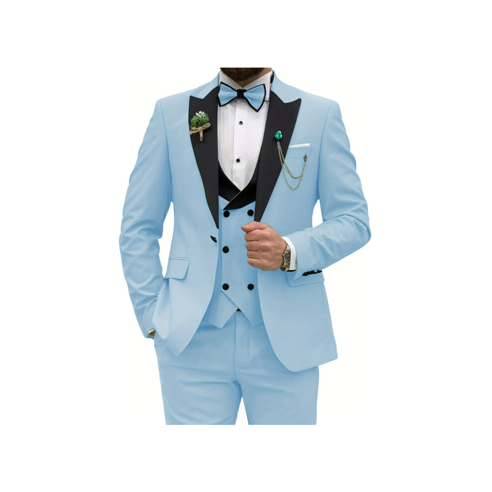 (light blue, XXXXL) Slim Fit Suits for Men 3 Piece Double Breasted Suit Men Wedding Prom Party Business Blazer Vest and Pants-image-OPC-PFPBC97-NEW
