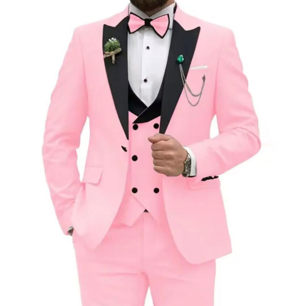 (pink, L) Slim Fit Suits for Men 3 Piece Double Breasted Suit Men Wedding Prom Party Business Blazer Vest and Pants