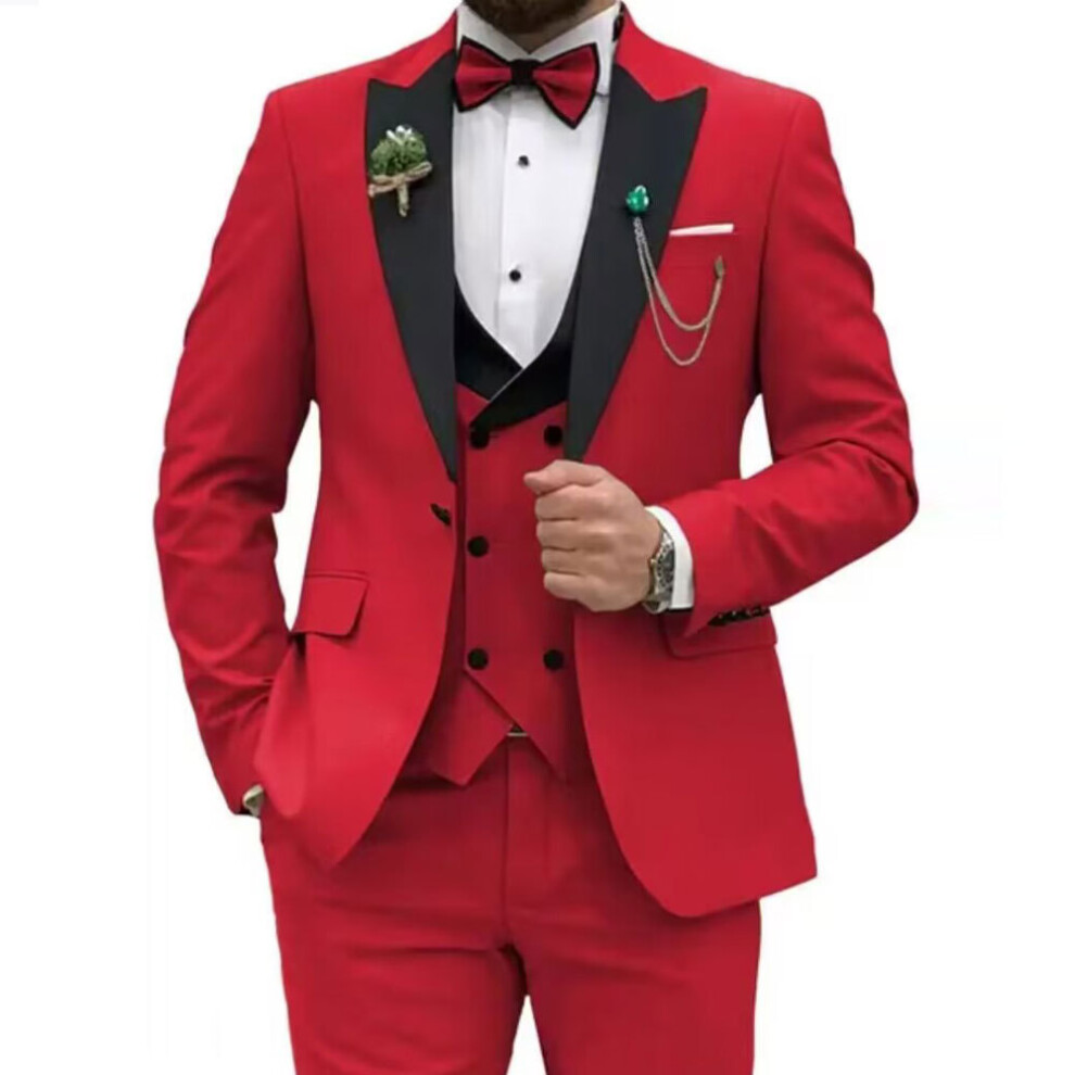 (red, XL) Slim Fit Suits for Men 3 Piece Double Breasted Suit Men Wedding Prom Party Business Blazer Vest and Pants