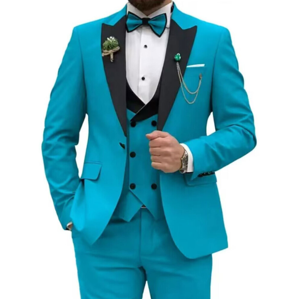 (lake blue, XL) Slim Fit Suits for Men 3 Piece Double Breasted Suit Men Wedding Prom Party Business Blazer Vest and Pants