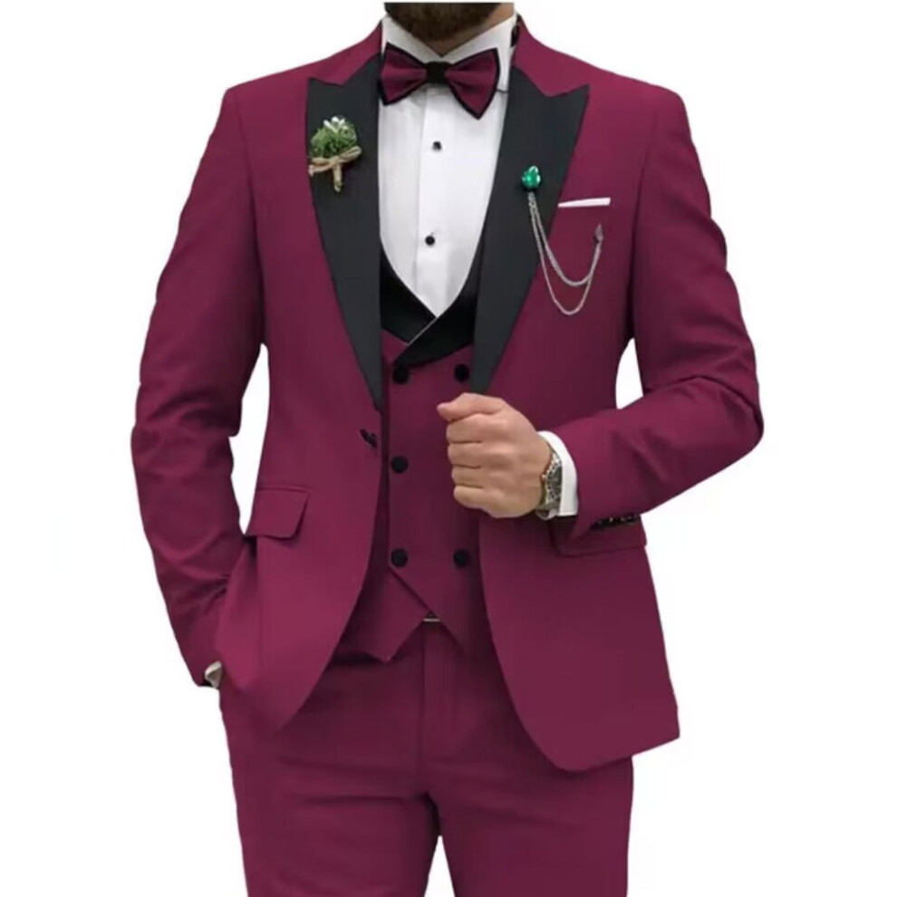 (wine red, XXXXL) Slim Fit Suits for Men 3 Piece Double Breasted Suit Men Wedding Prom Party Business Blazer Vest and Pants-image-OPC-PFPBCDV-NEW