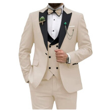 (beige, XXXXL) Slim Fit pánské obleky 3 kusy Dvouřadý oblek Muži Svatební Ples Party Business Blazer Vesta a kalhoty