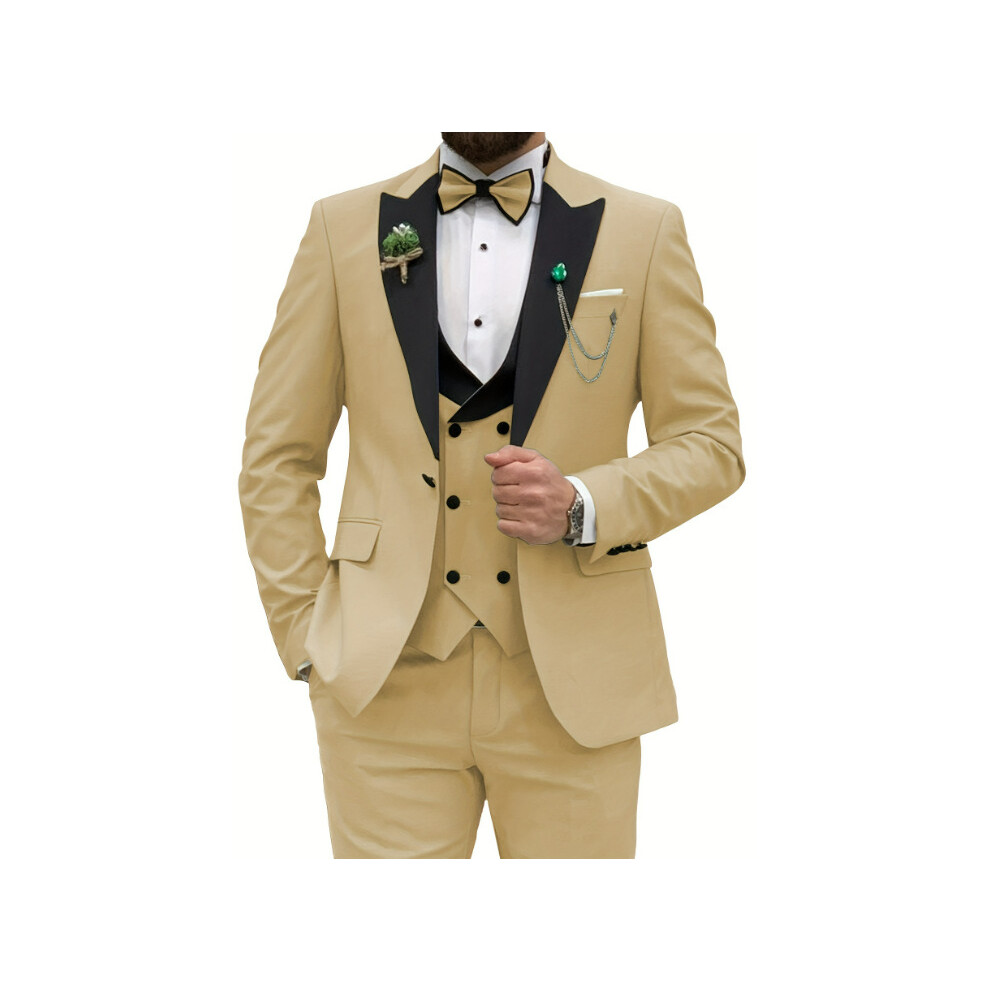 (champagne, XXS) Slim Fit Suits for Men 3 Piece Double Breasted Suit Men Wedding Prom Party Business Blazer Vest and Pants