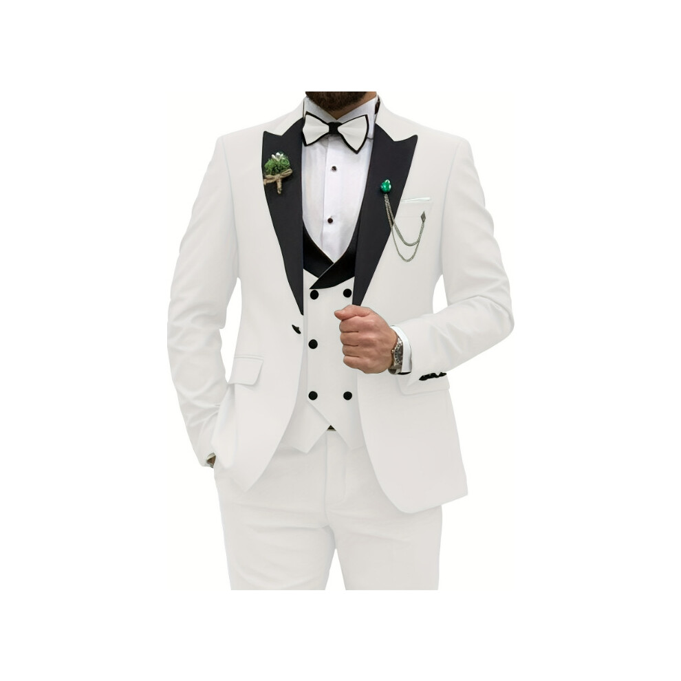 (ivory white, XL) Slim Fit Suits for Men 3 Piece Double Breasted Suit Men Wedding Prom Party Business Blazer Vest and Pants-image-OPC-PFPBCPG-NEW