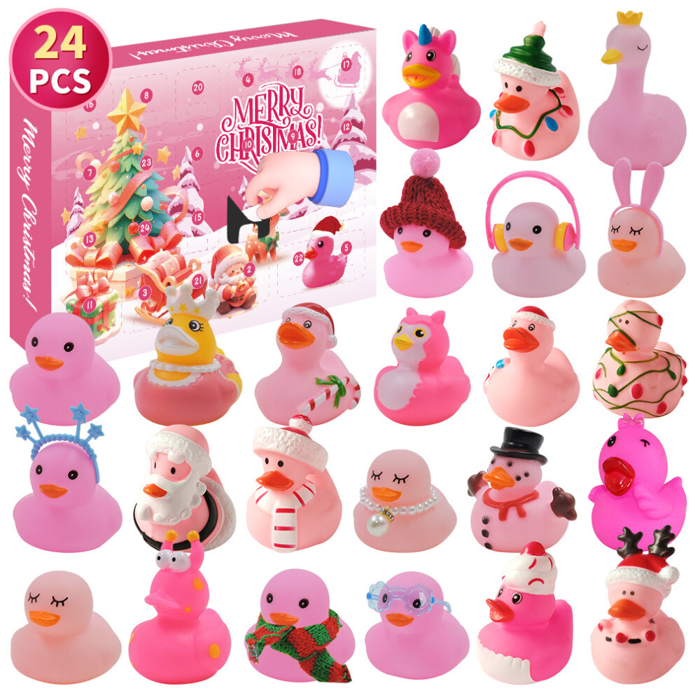(Pink Duck ) 24 Grids Christmas Advent Calendar Blind Box Rubber Duck Toys Gifts Boxes Decor