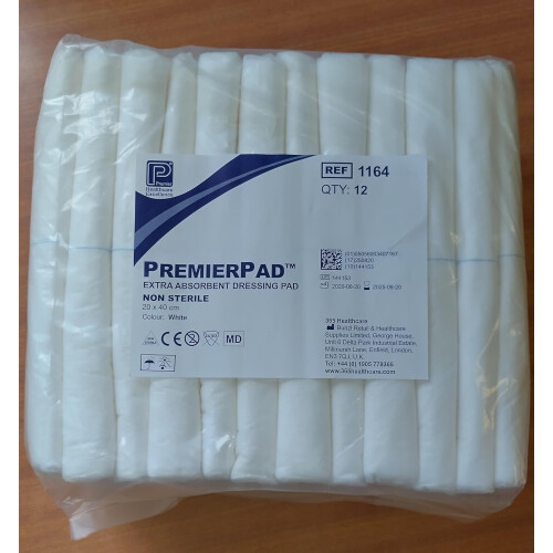 Premier Non-Sterile Dressing Pads 20x40 cm, Pack of 12 (PM1164) - Highly Absorbent, Soft Non-Woven Wound Care