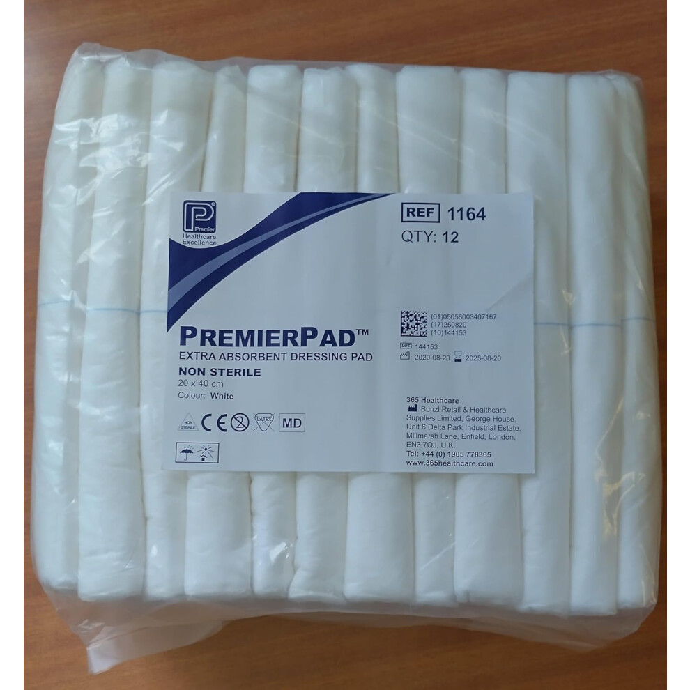 Premier Non-Sterile Dressing Pads 20X40 Cm, Pack Of 12 (Pm1164) - Highly Absorbent, Soft Non-Woven Wound Care