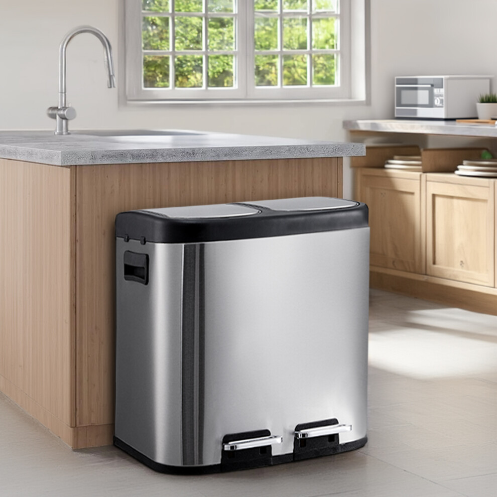 30L Stainless Steel Step Open Trash Can with Dual Pedals