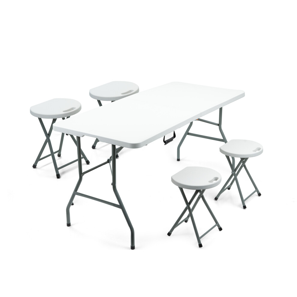 (5Ft Table + [4 x Stools]) 5/6FT CATERING CAMPING HEAVY DUTY FOLDING TRESTLE TABLE PICNIC BBQ PARTY STOOLS