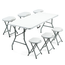 (6Ft Table + [6 x Stools]) 5/6FT CATERING CAMPING HEAVY DUTY FOLDING TRESTLE TABLE PICNIC BBQ PARTY STOOLS