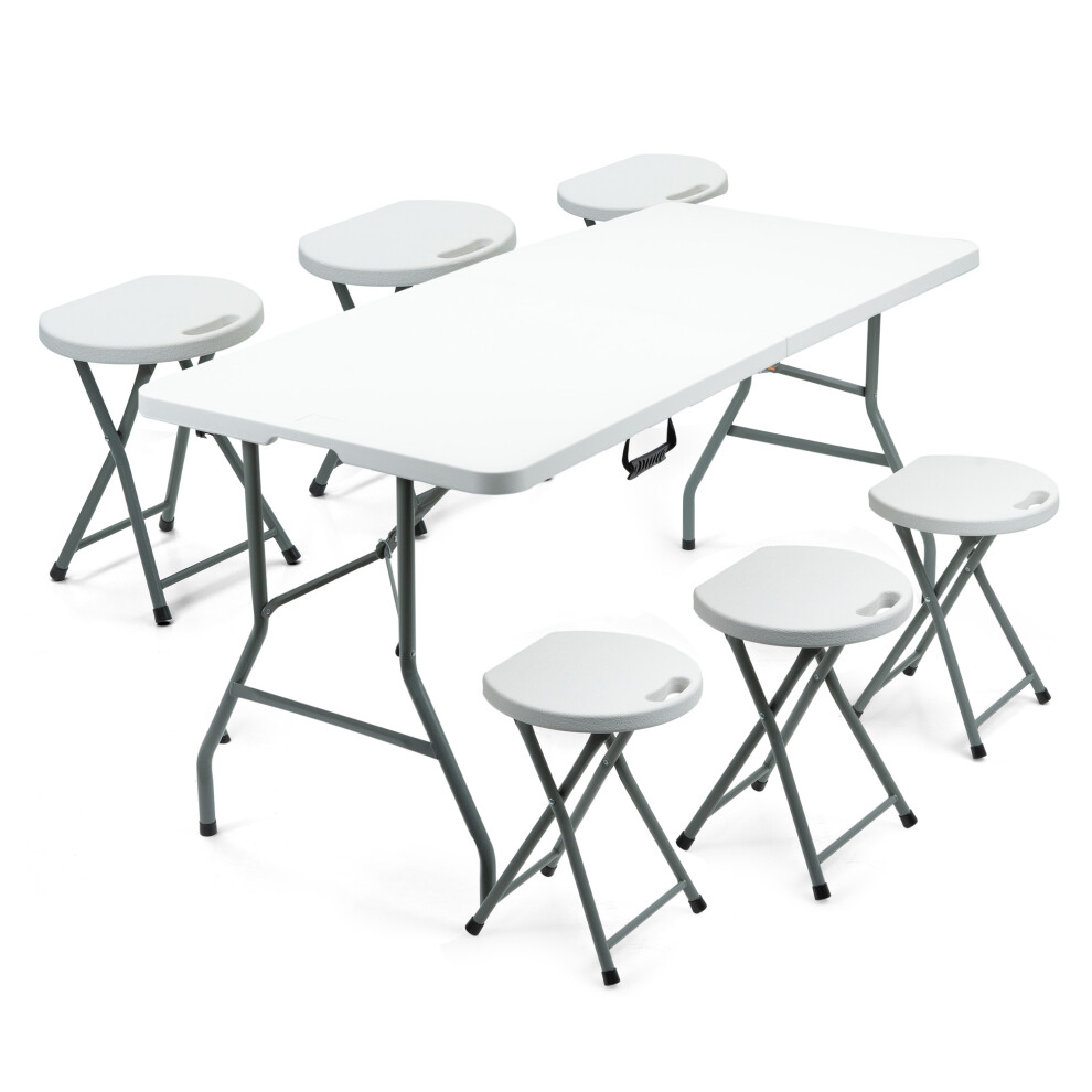 (6Ft Table + [6 x Stools]) 5/6FT CATERING CAMPING HEAVY DUTY FOLDING TRESTLE TABLE PICNIC BBQ PARTY STOOLS