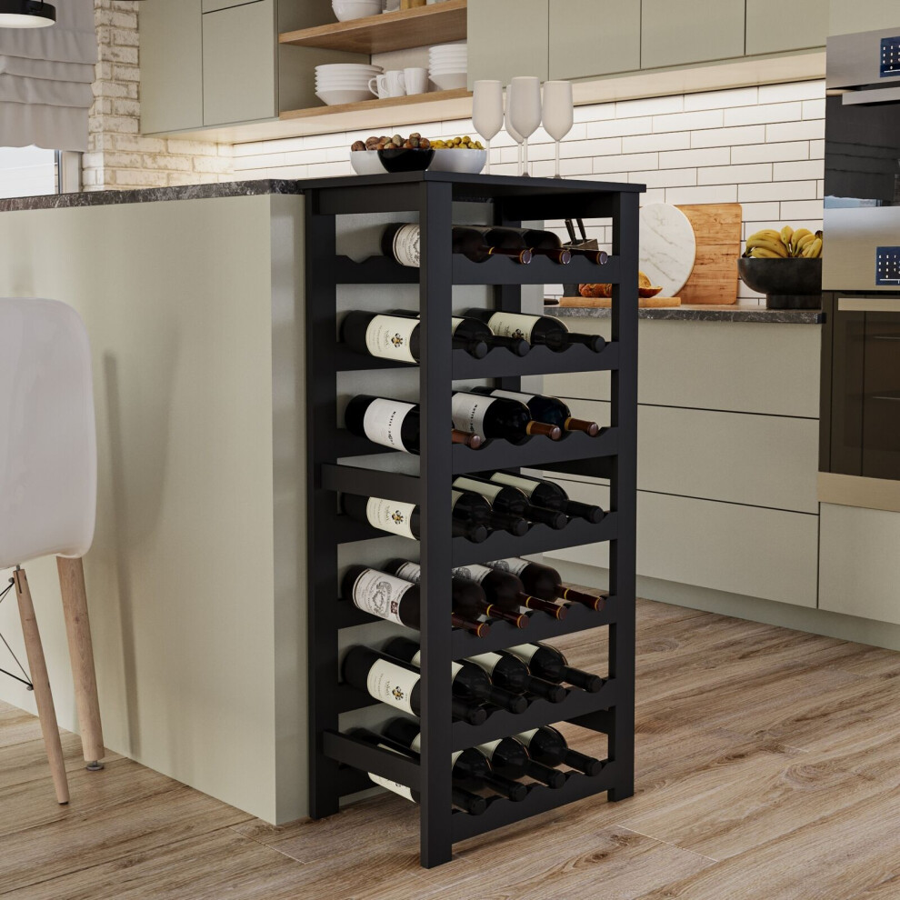 (Black) 7-Tier 108cm Wine Rack 28 Bottles Freestanding Holds Home Bar Stand