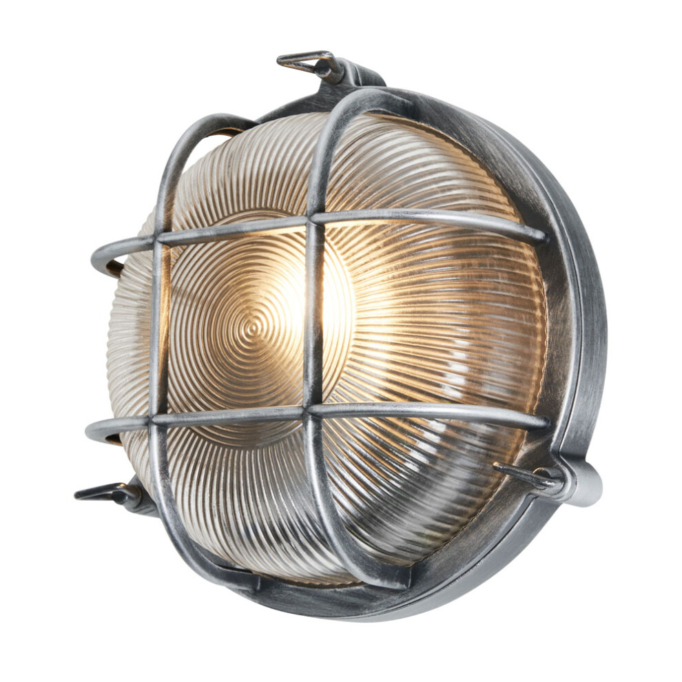 (Round, Silver) Litecraft Remy Wall Light Outdoor Caged Bulkhead