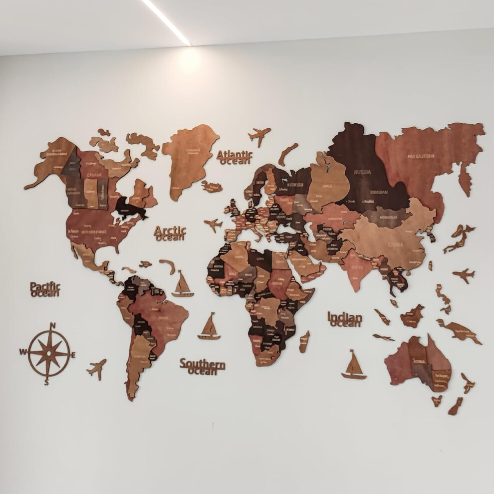 (Brown , XL (200x120cm)) 3D Wooden World Map Rustic Wall Art Home Decoration For Home Office