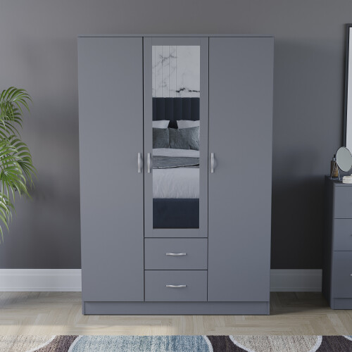 Vida Designs (Grey) Riano 3 Door 2 Drawer Mirrored Bedroom Wardrobe 1