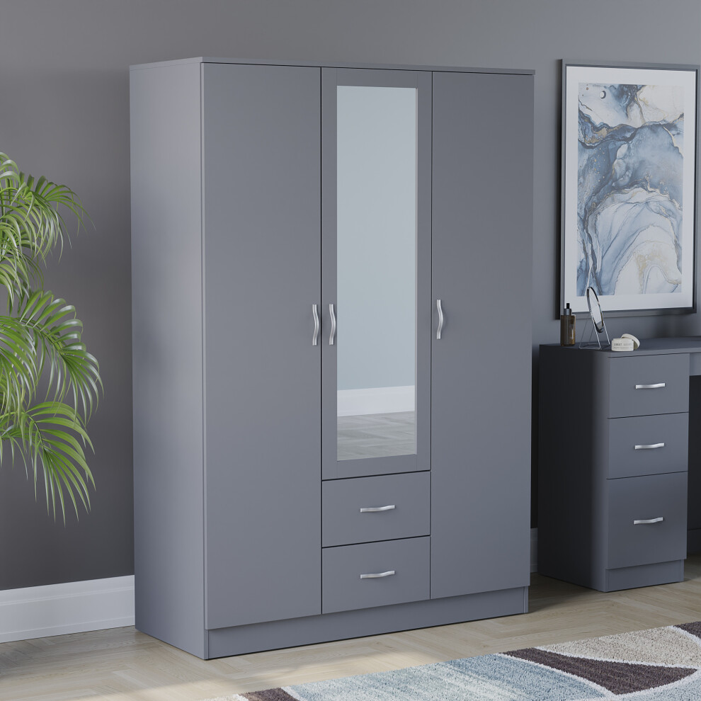 (Grey) Riano 3 Door 2 Drawer Mirrored Bedroom Wardrobe