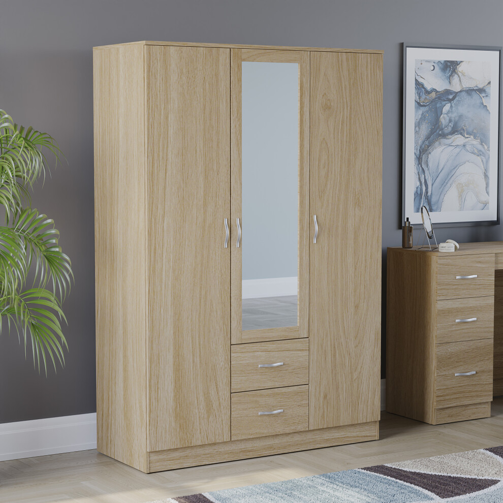 (Pine) Riano 3 Door 2 Drawer Mirrored Bedroom Wardrobe