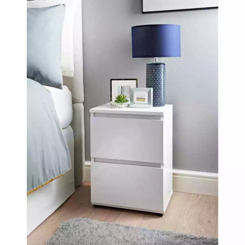 High Gloss White Bedside Table - 2-Drawer Bedroom Nightstand Cabinet