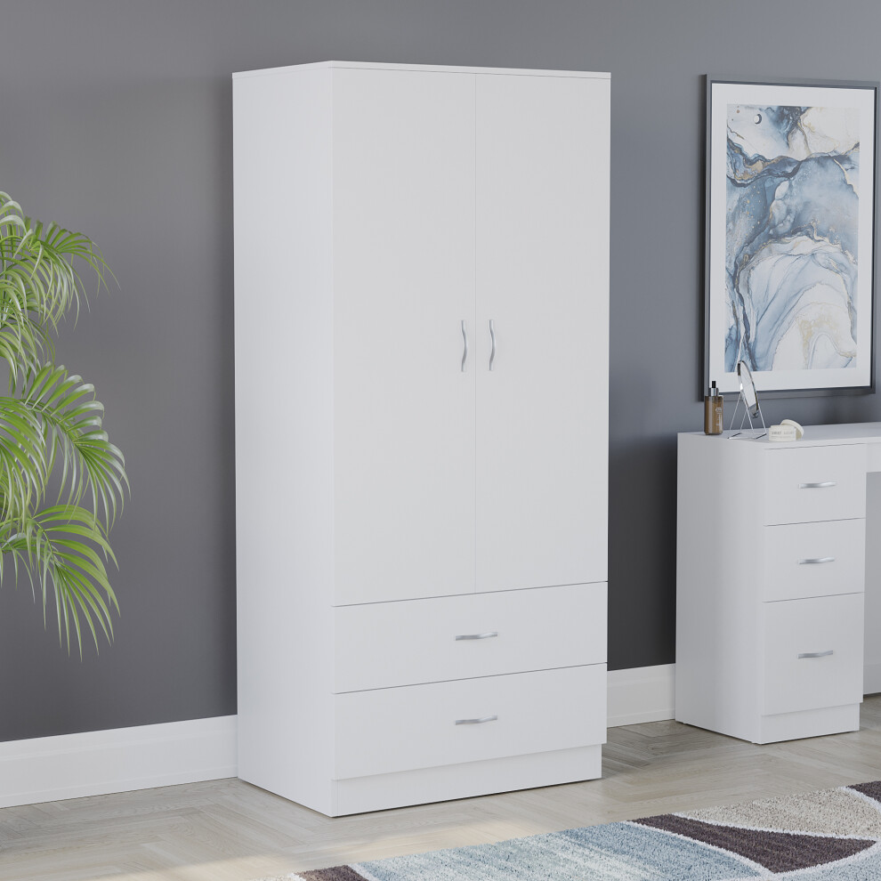 (White) Riano 2 Door 2 Drawer Wardrobe Bedroom Storage