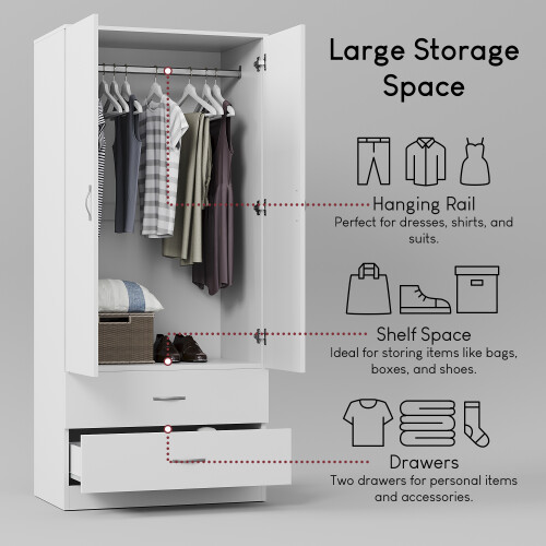 Vida Designs (White) Riano 2 Door 2 Drawer Wardrobe Bedroom Storage 2