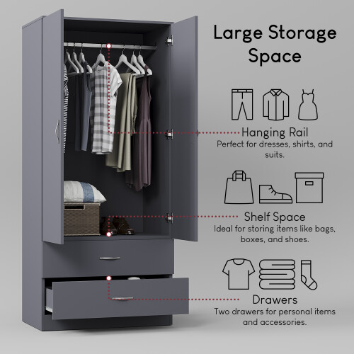 Vida Designs (Grey) Riano 2 Door 2 Drawer Wardrobe Bedroom Storage 2