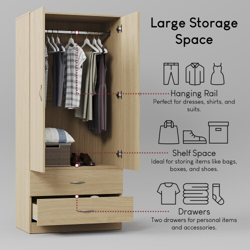 Vida Designs (Pine) Riano 2 Door 2 Drawer Wardrobe Bedroom Storage 2